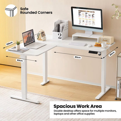 Elektrisch Sta-bureau - Hefbureau - Hoektafel - Monitorstandaard - L-vormig - Verstelbaar - met USB-oplaadpoort - 4 Geheugenregelaars - voor Thuiskantoor -  25 mm/s - 50dB - Wit