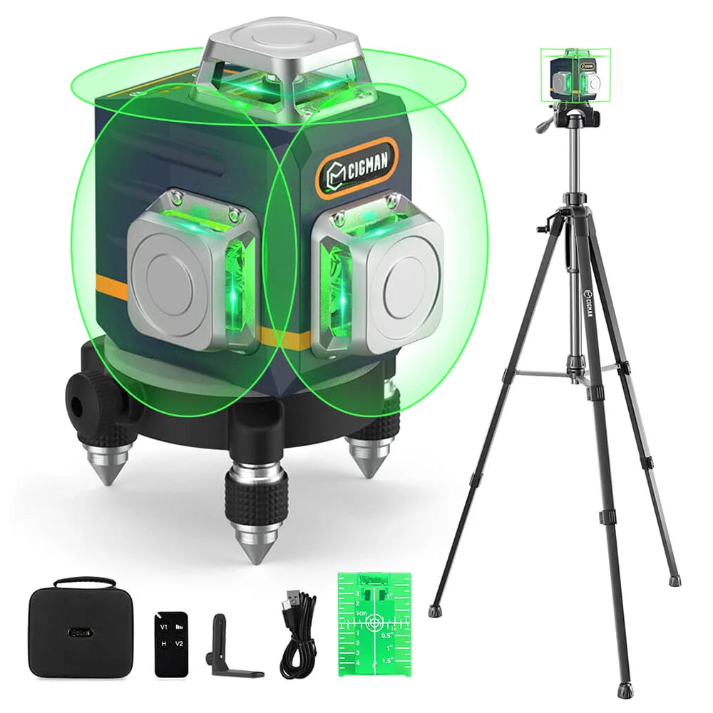 3x360° Laser Waterpas – Laser Niveau – Zelfnivellerend – Meetinstrument – Bouwlaser – Groene Laserstralen – Afstandsbediening – USB-C Opladen