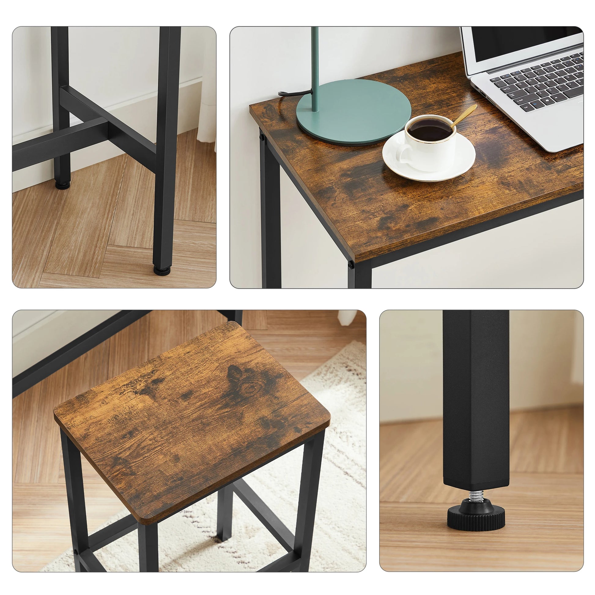 Bartafelset - Hoge Tafel - Metalen Frame -Industrieel Ontwerp - Voor Eetkamer - Woonkamer - Vintage Bruin - (100 x 40 x 90 cm) met 2 Barkrukken (elk 30 x 40 x 65 cm) - Zwart - QUORE
