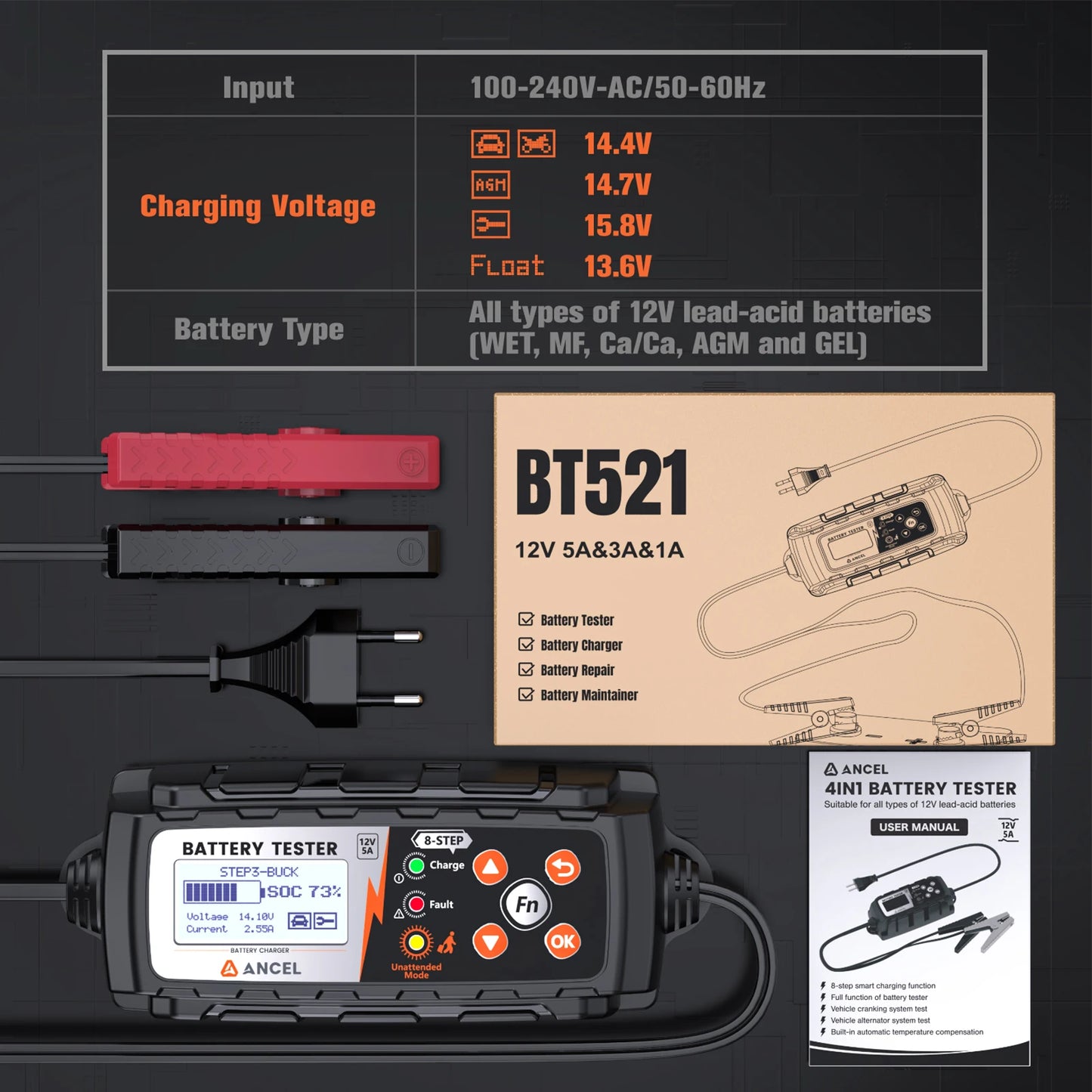 Acculader 12V – Batterijlader – Accu Tester – Accu Onderhoud – 8-Stappen Laadproces – IP65 Waterdicht – Automatische Herstelfunctie