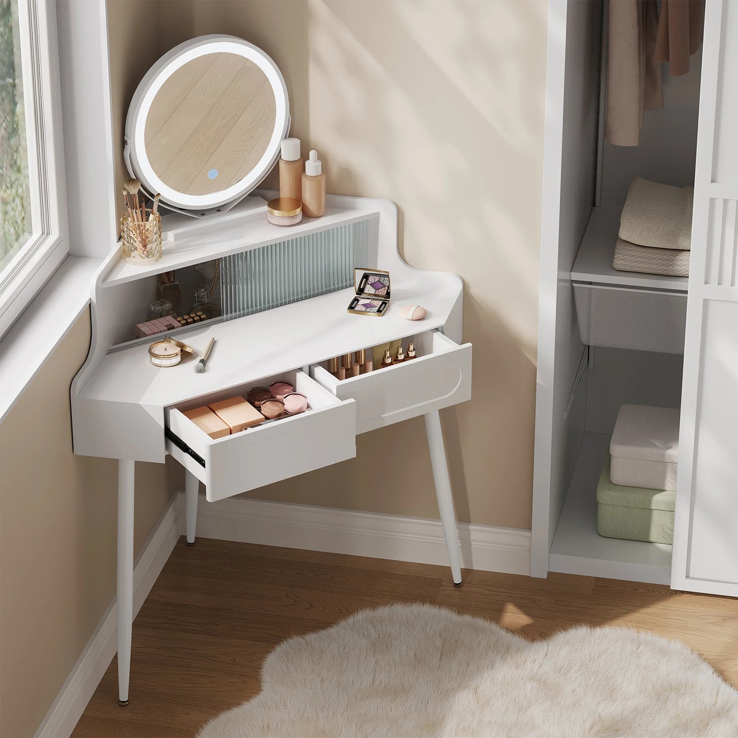 Hoekmake-uptafel – Kaptafel – Make-uptafel – Sieradentafel – Wit – Verstelbare Spiegel Met Verlichting – Ruimtebesparend Ontwerp