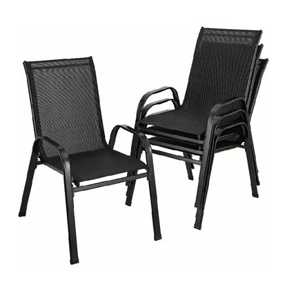 Tuinstoelen - Set van 4 - Stoelen - Metalen - Stapelbare - Weerbestendige  - Ademend Textileen - Geschikt voor Terras - en Balkon - Comfortabel en Ademend - Draagvermogen 150 kg - Zwart - QUORE
