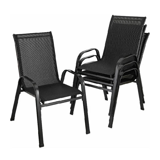Tuinstoelen - Set van 4 - Stoelen - Metalen - Stapelbare - Weerbestendige  - Ademend Textileen - Geschikt voor Terras - en Balkon - Comfortabel en Ademend - Draagvermogen 150 kg - Zwart - QUORE