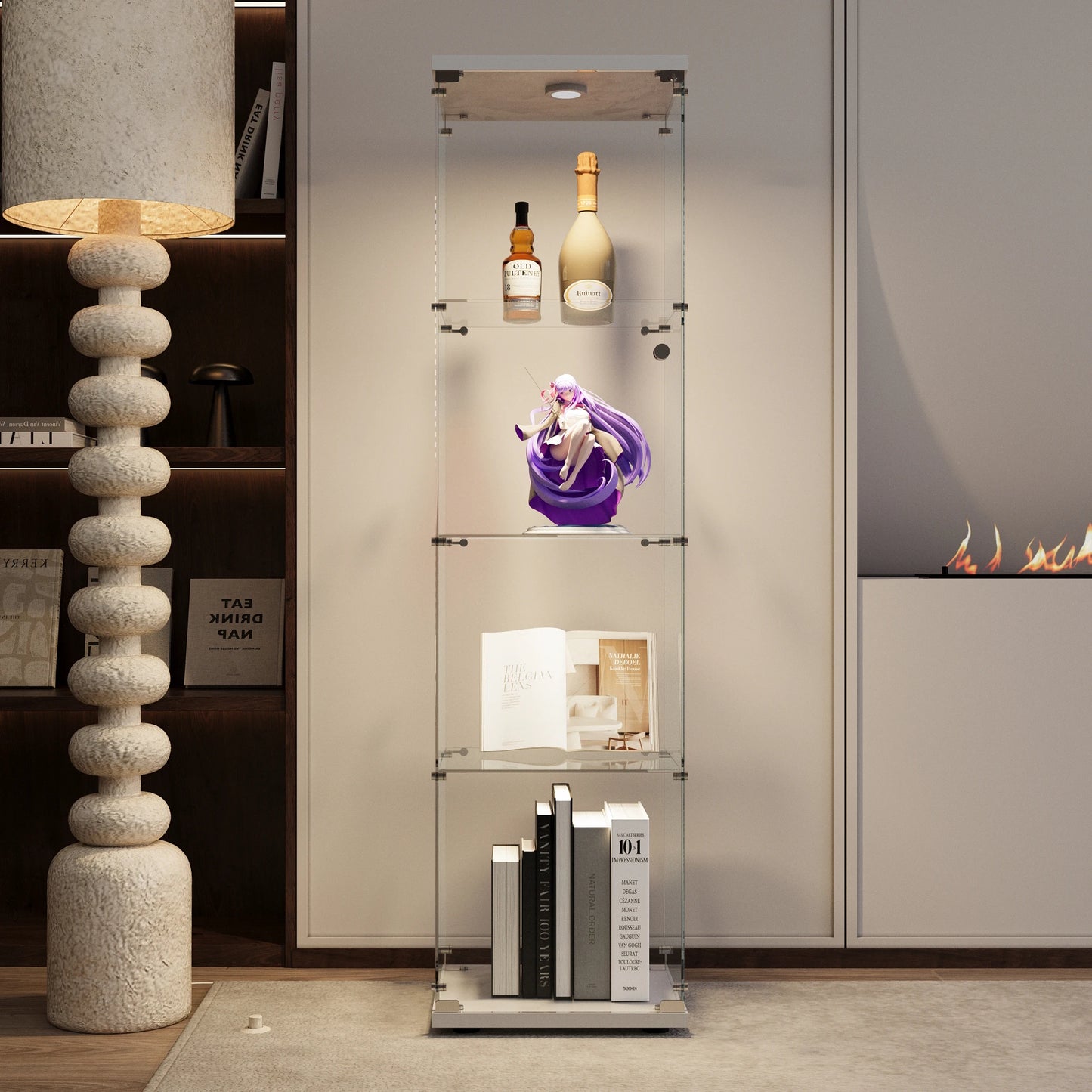 Glazen Vitrinekast – Displaykast – Curio Kast – Collectiekast – Exhibitiekast – Wit – 4 Glazen Planken – LED-verlichting – Slot – 164x42,5x36,5 cm - QUORE