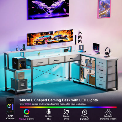 L-Vormig Bureau – Computerbureau – Gamersbureau – Werktafel – Hoekbureau – Slimme Led-Verlichting – Ruim Opbergmeubel – Wit – Groot Werkoppervlak – Ergonomische Monitorstandaard - QUORE