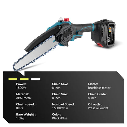 Kettingzaag - Snoeizaag - Takkenzaag - Handzaag - Draadloze - Elektrische - 1500W - 8 Inch Zaagblad - Brushless Motor - Handzaam Ontwerp – Inclusief 1x 18V Accu en EU Stekker