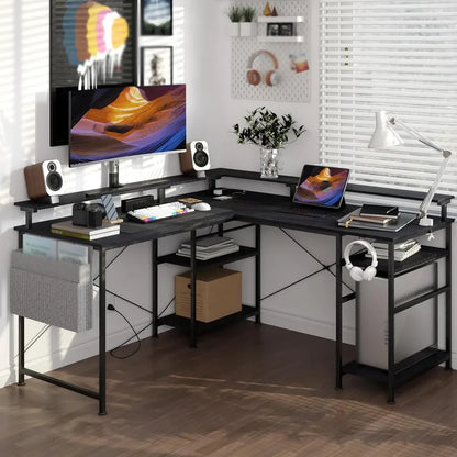 Bureau – Werkplek – Gametafel – Computerbureau – Laptoptafel – Zwart – 2-in-1 L-Vorm 140x140/230cm – Ergonomische Monitorstandaard & Geïntegreerde Stroomhub - QUORE