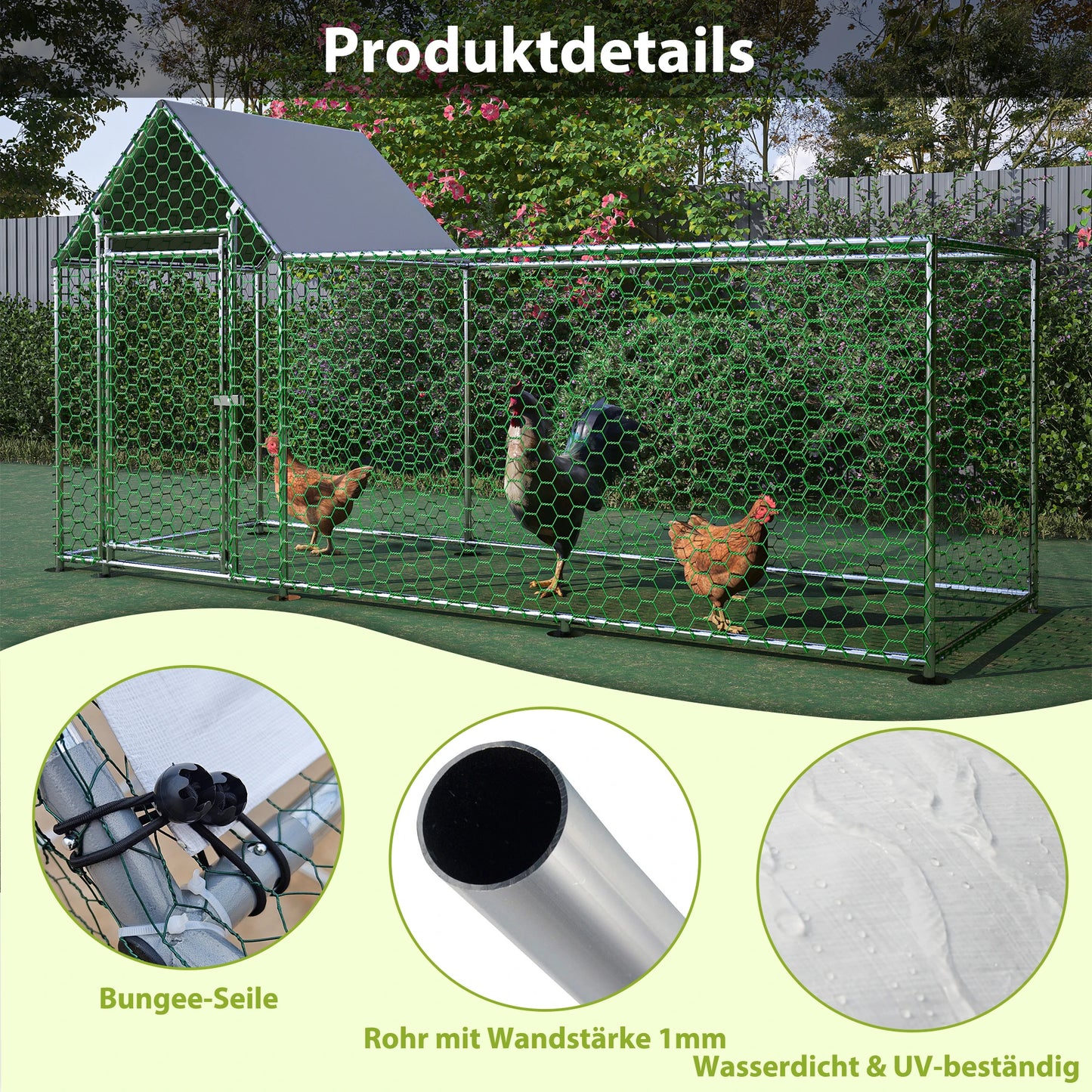 Dierenren – Konijnenren – Kippenren – Puppyren – Klein Dierenren – 3x1x1,5m – Roestvrij Stalen Frame – Waterdichte UV-bestendige PE Kap