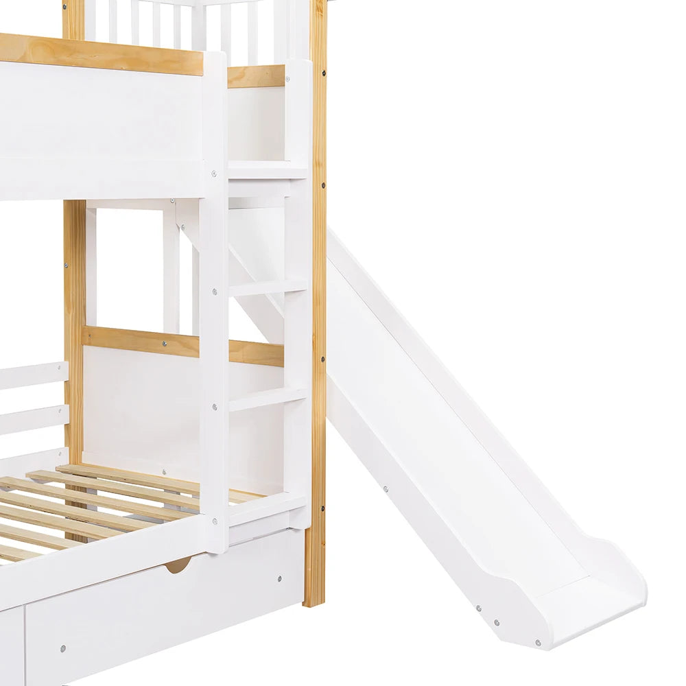 Kinderstapelbed – Stapelbed Kinderbed Bedbank Speelbed – Wit 90x200 cm – Glijbaan – Opberglades met Wieltjes