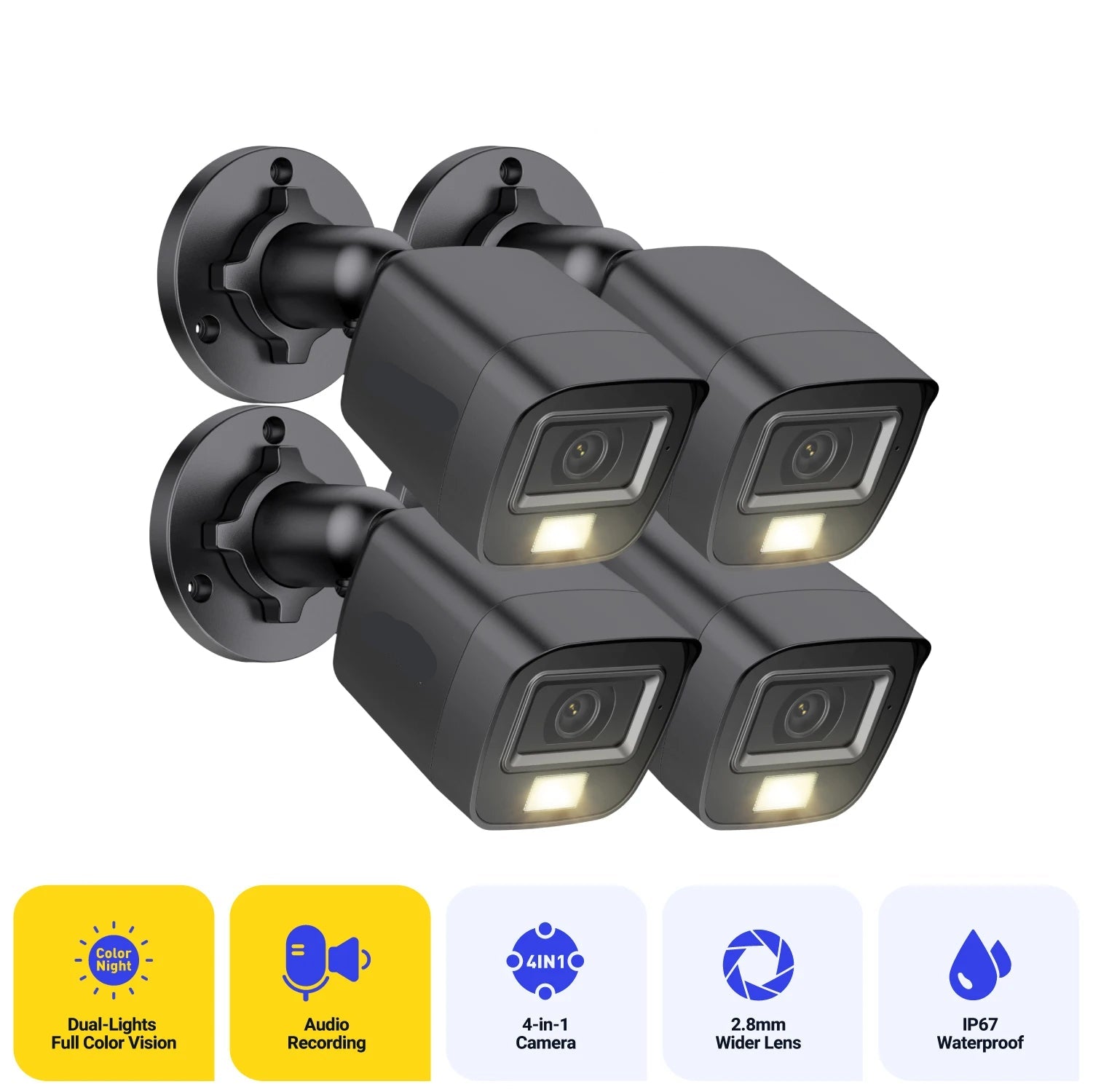 Beveiligingscamerasysteem - 5MP Camera - Openlucht - IP67  Waterdichte - Bullet Camera - Bewakingscamera - Beveiligingscamera - Met IR Cut Filter - 4 stuk - Zwart - QUORE