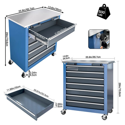 Modulaire Gereedschapskast - Werkplaatswagen - Gereedschapswagen - 5 of 7 Lades - 3-in-1 Opbergoplossing - Met Wielen - en Slot - Metalen Werkbank - Koppelbare Tool Cabinet - Blauw
