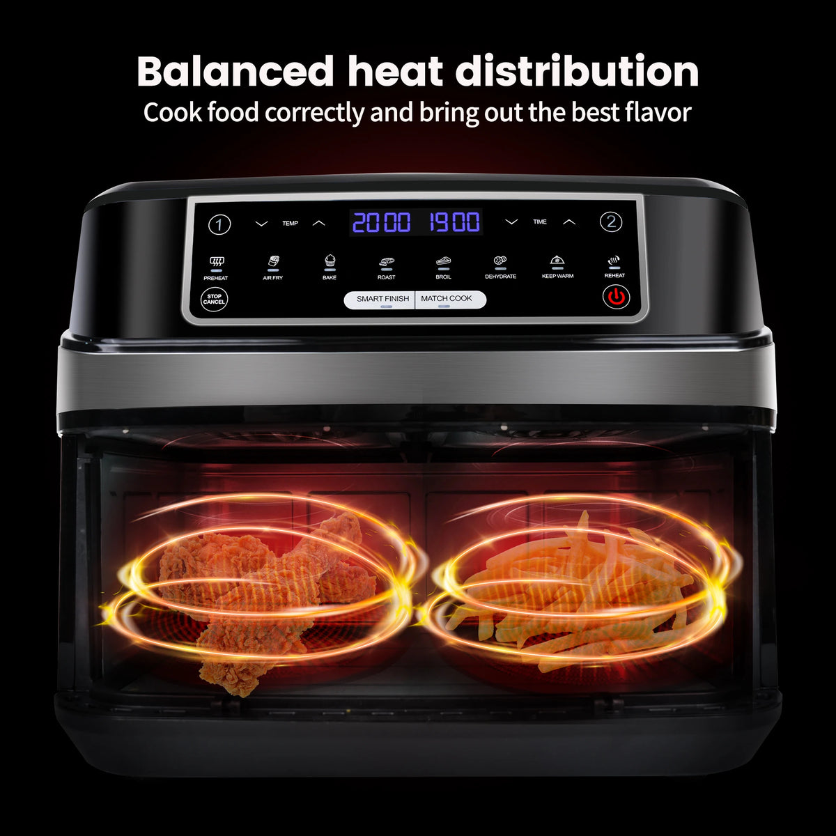 Digitale Airfryer - PFAS vrij - Groot 9 Liter - Heteluchtfriteuse - Zwart - Digital screen - 8 Voorinstellingen - Inclusief in hoogte verstelbaar Grillrack - 2 onafhankelijke 4,5L lades - met LED-touchscreen
