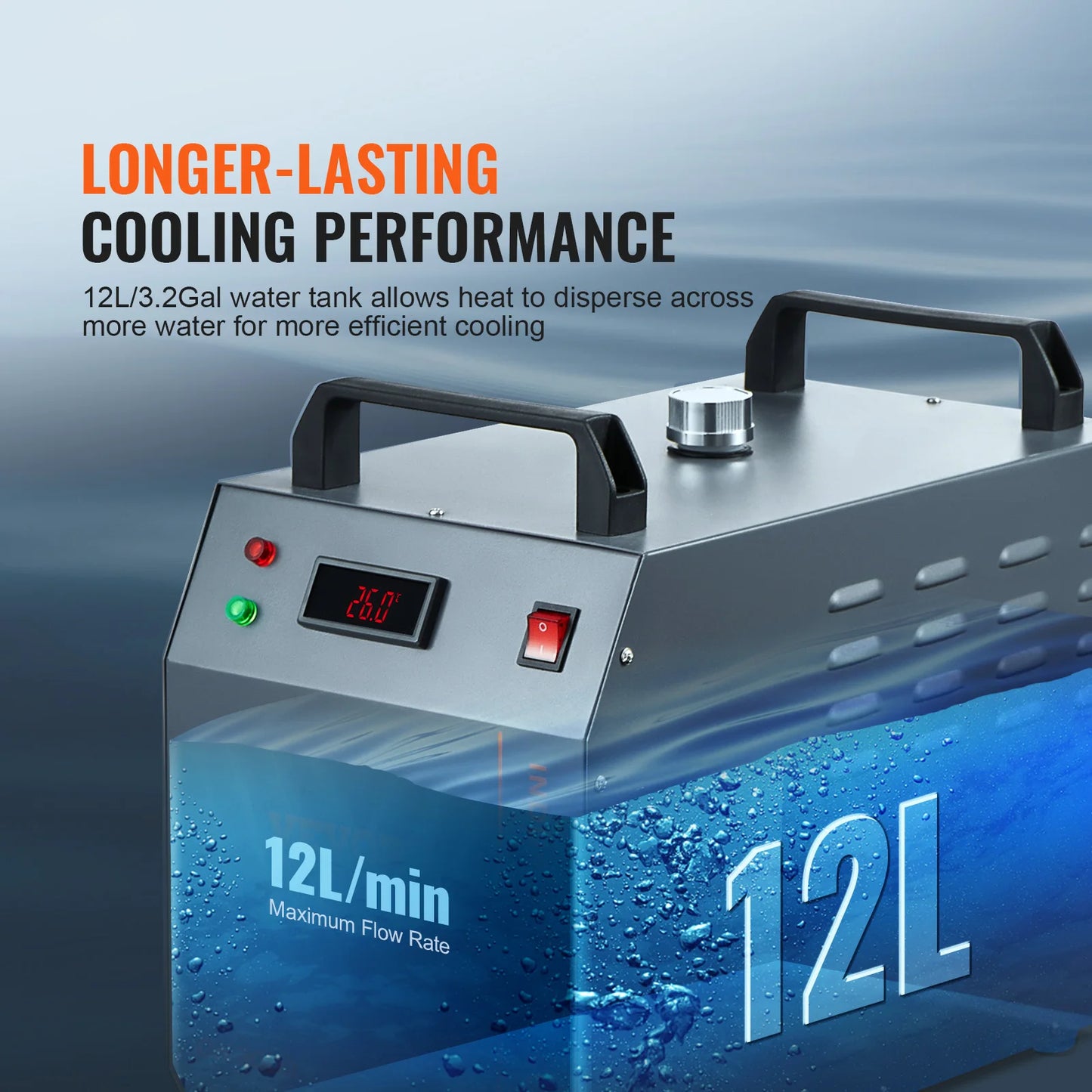 Industriële Waterkoeler - Chiller Industriële – 80W - Luchtgekoeld – 12L Waterreservoir – 12 L/min – Voor CO₂ Lasers tot 80W – Compacte Waterchiller met Alarmfuncties - Grijs