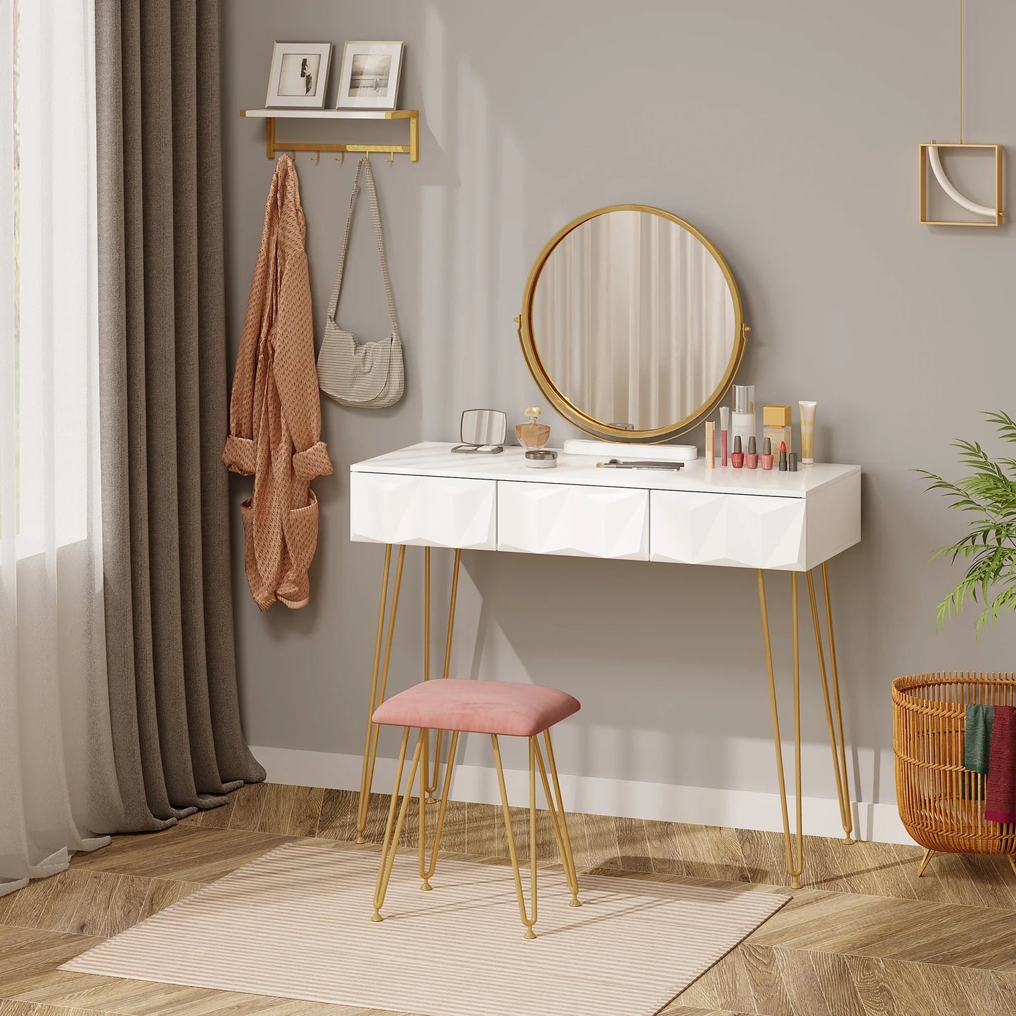 Kaptafel – Make-up Tafel – Visagie Tafel – Schminktafel – Dressoir – Wit – 360° Draaibare Spiegel – Fluwelen Kruk