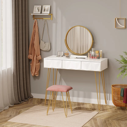 Kaptafel – Make-up Tafel – Visagie Tafel – Schminktafel – Dressoir – Wit – 360° Draaibare Spiegel – Fluwelen Kruk