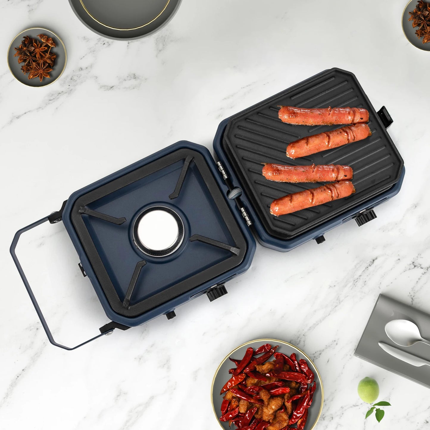 Kooktoestel - Gasstel - Campinggasfornuis - Campingmeubelen - 2-in-1 - met Grillplaat - 2 Branders - Inklapbaar - Draagbaar -  voor Buitenactiviteiten - Kamperen - Noodsituatie - 53.8 x 6.9 cm - Blauw