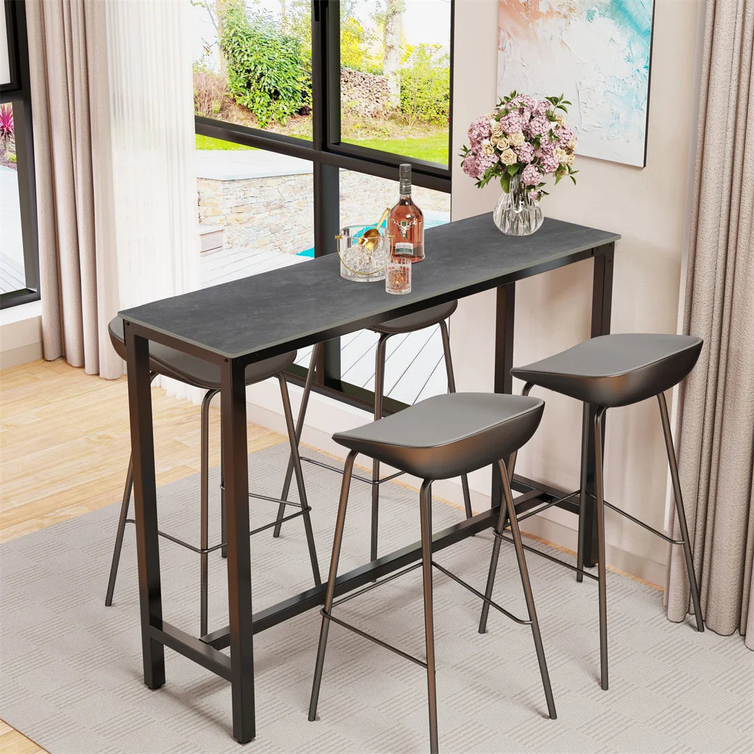 Rechthoekige Bartafel – Bar Tafel – Home Bar – Ontbijttafel – Keukentafel – Zwart Metalen Frame – Hoogte 105 cm – Blad van Witte Gesinterde Steen