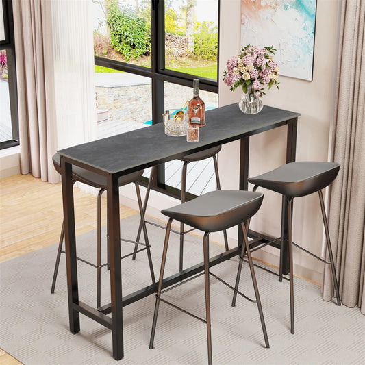 Rechthoekige Bartafel – Bar Tafel – Home Bar – Ontbijttafel – Keukentafel – Zwart Metalen Frame – Hoogte 105 cm – Blad van Witte Gesinterde Steen