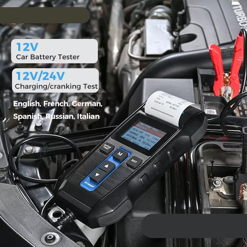Batterijtester - Accutester - Batterij Checker - 12V/24V - Digitale Oplaad- en Starttest Tool – Voertuiganalyse met Printer – Ondersteunt 8 Talen