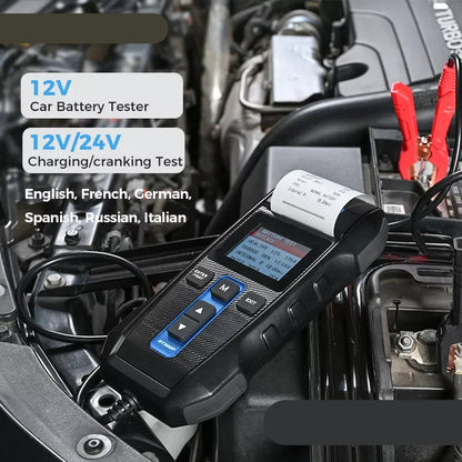 Batterijtester - Accutester - Batterij Checker - 12V/24V - Digitale Oplaad- en Starttest Tool – Voertuiganalyse met Printer – Ondersteunt 8 Talen