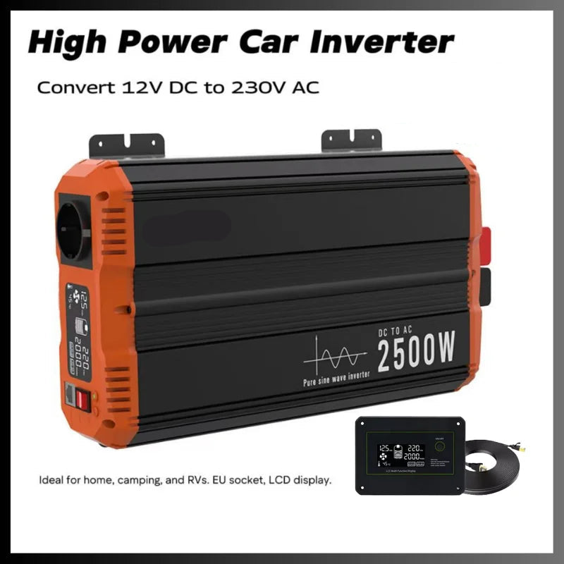 Pure Sine Wave Omvormer – Zuivere Sinusgolf Converter – DC Naar AC Omvormer – 12V 24V 48V – 2000W Continu Vermogen – LCD Bedieningspaneel