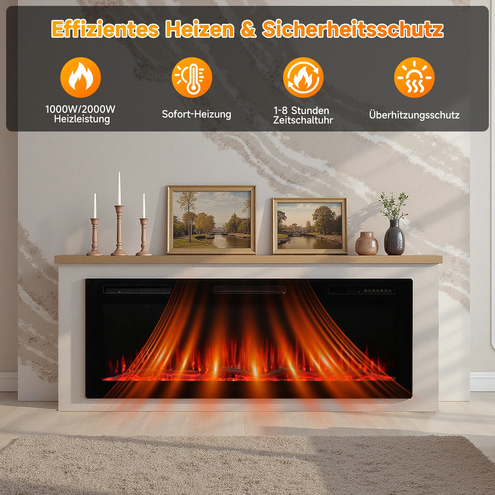 Elektrische Haard – Sfeerverwarmer – Kamin – Inbouwhaard – Vuurtafel – 150 cm Zwart – 1000/2000W Verwarming – 12 Kleuren 3D Vlammen - QUORE