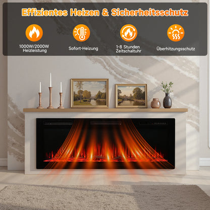 Elektrische Haard – Sfeerverwarmer – Kamin – Inbouwhaard – Vuurtafel – 150 cm Zwart – 1000/2000W Verwarming – 12 Kleuren 3D Vlammen - QUORE
