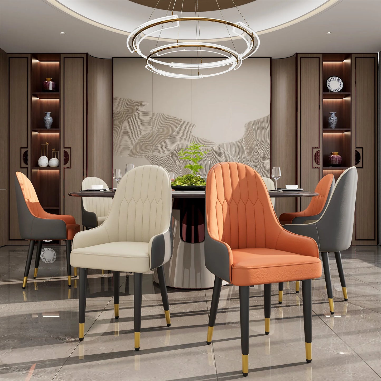 Set van 2 Eetkamerstoelen - Faux Lederen - Hoge Rugleuning - Moderne - Mid-century Ontwerp - Houten Poten - 52x49x90cm - Oranje