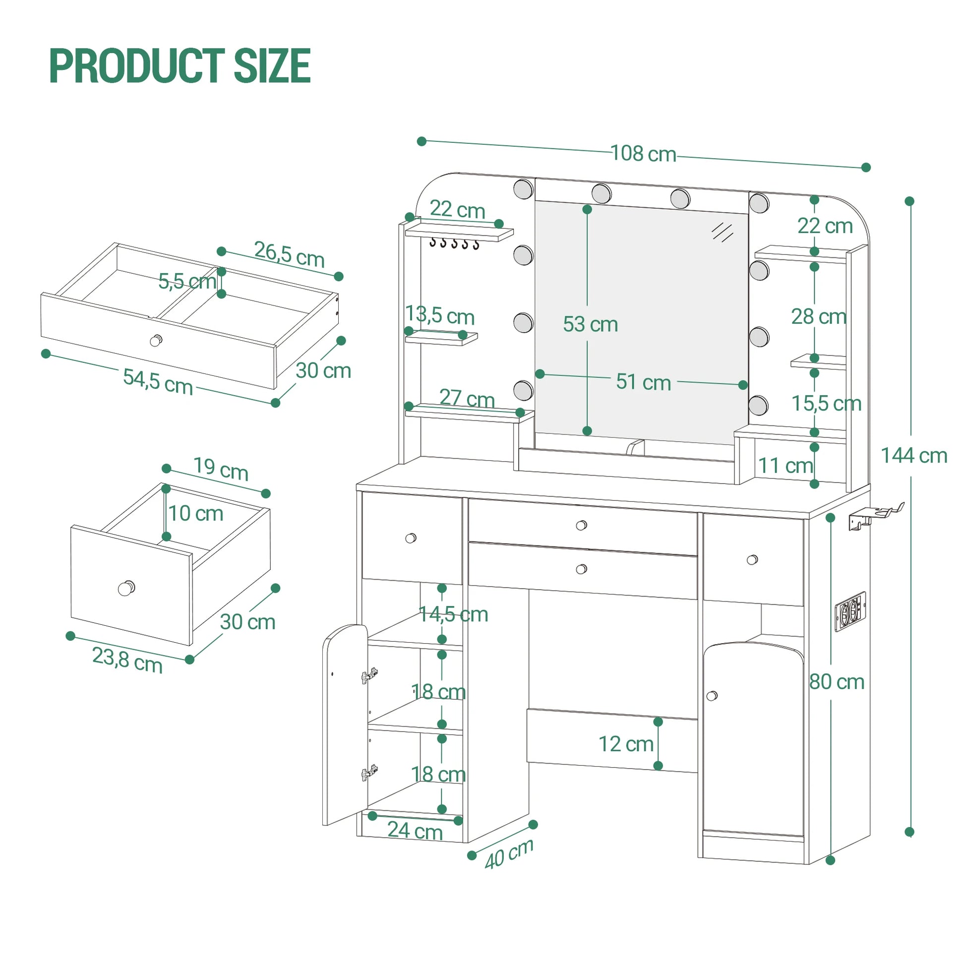 Make-uptafel – Kaptafel – Visagie tafel – Make-up bureau – Witte make-uptafel – LED-verlichting met instelbare lichtsterkte – 2 Grote laden met sieradentrays - QUORE