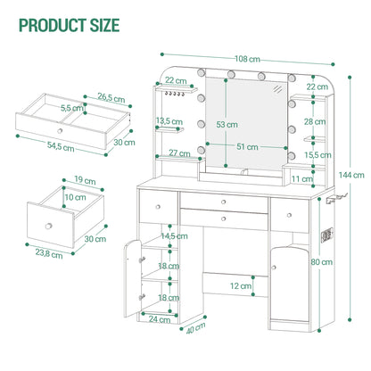 Make-uptafel – Kaptafel – Visagie tafel – Make-up bureau – Witte make-uptafel – LED-verlichting met instelbare lichtsterkte – 2 Grote laden met sieradentrays - QUORE