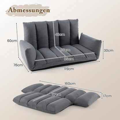 Opvouwbare Lounge Sofa – Verstelbare Rugleuning & Armleuningen – Grijze Vloerstoel met 5 Posities – Comfortabele Speelkamer / Gaming / Slaapbank – Geen Montage Nodig