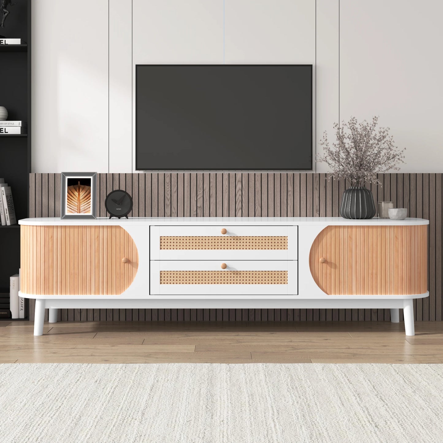TV-Kast – Tv-Meubel – Houten Kast – Woonkamermeubel – Massief Hout – Handgevlochten Rattan Laden – Schuifdeursysteem