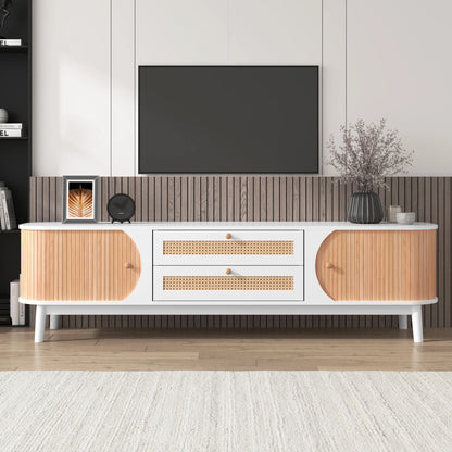 TV-Kast – Tv-Meubel – Houten Kast – Woonkamermeubel – Massief Hout – Handgevlochten Rattan Laden – Schuifdeursysteem