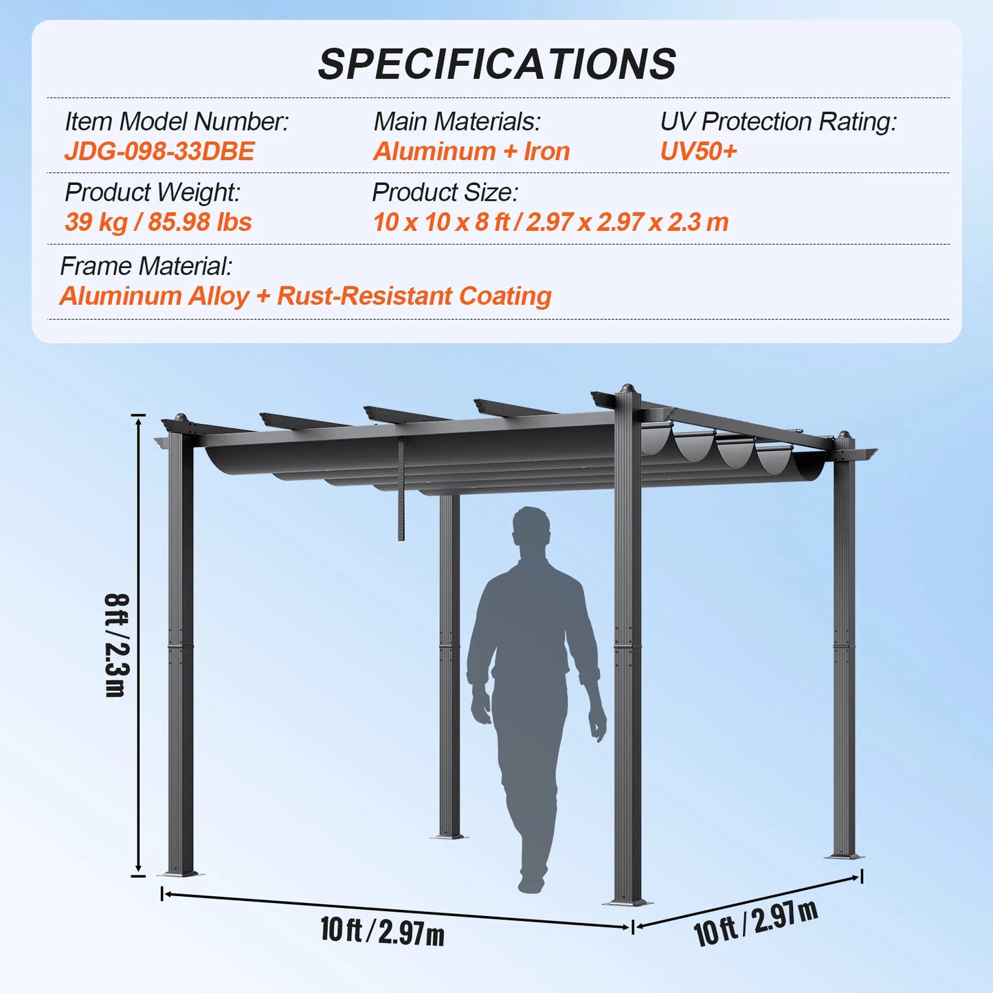 Verstelbare Pergola – Uitschuifbare Zonnedoek – Aluminium Overkapping – Buitenluifel – UV50+ Bescherming – Waterafstotend Polyester – 3x3 Meter - 10x10ft