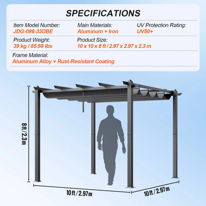 Verstelbare Pergola – Uitschuifbare Zonnedoek – Aluminium Overkapping – Buitenluifel – UV50+ Bescherming – Waterafstotend Polyester – 3x3 Meter - 10x10ft
