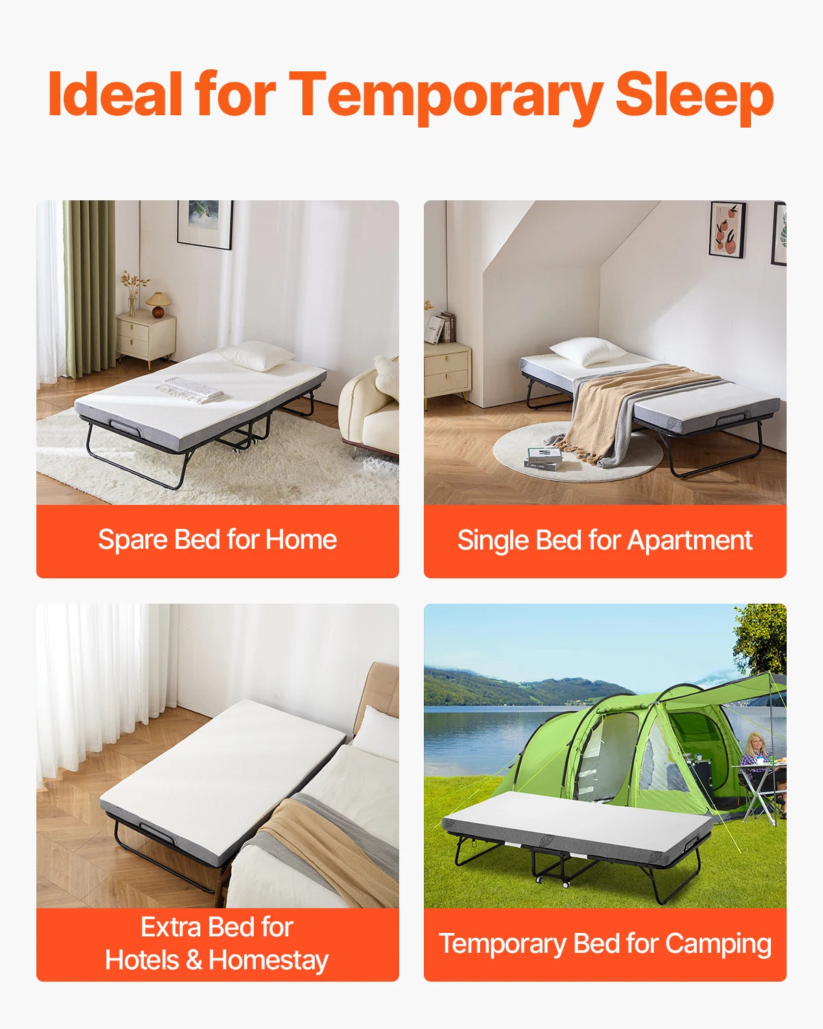 SucceBuy Rollaway Bed 38 in x 75 in Folding Bed with 4 in Memory Foam Mattress Portable Twin Size Roll Away Bed for Adults Guest