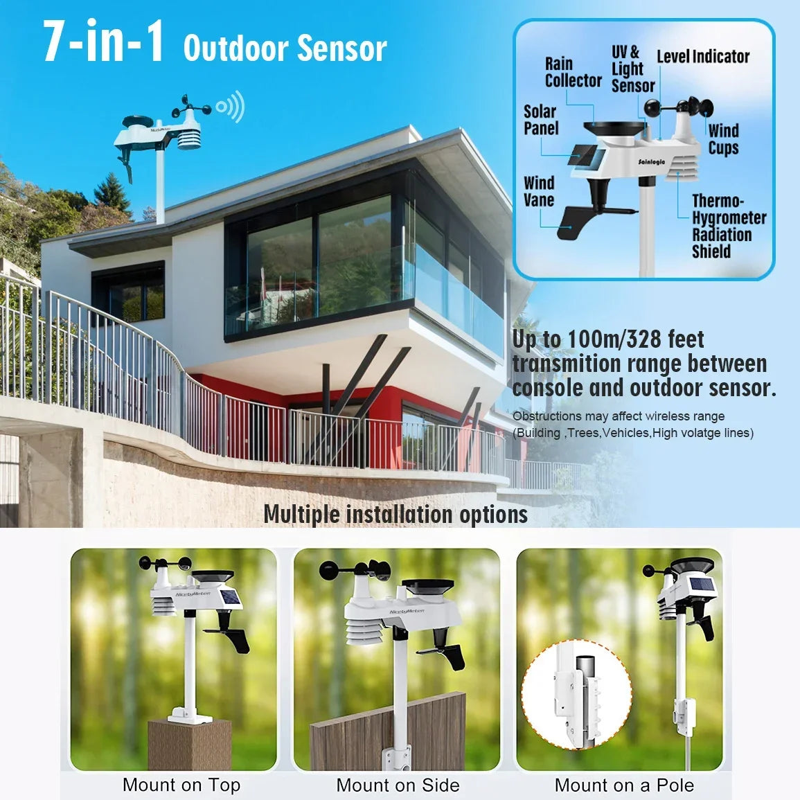 Weerstation – Hygrometer – Thermometer – Luchtvochtigheidsmeter – Regenmeter – Draadloos – Zonne-energie Buitensensor