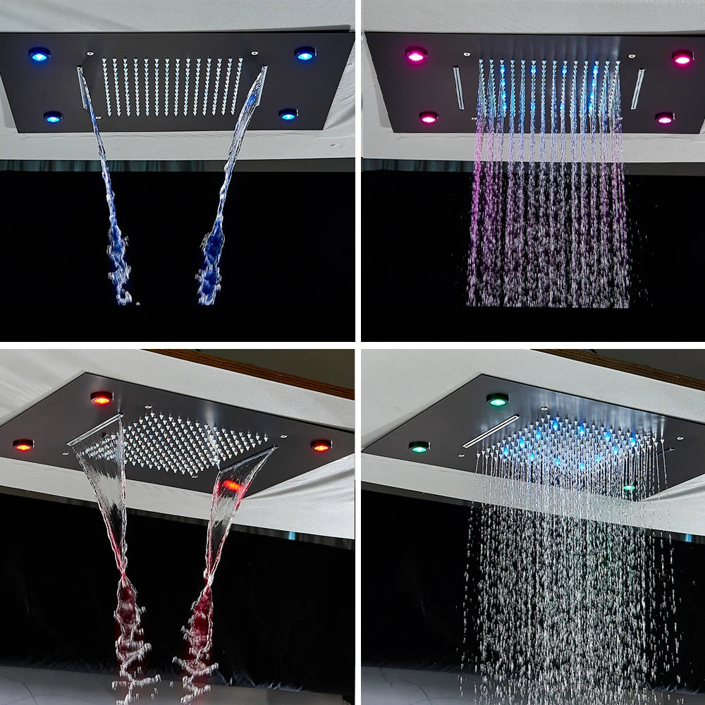 Douche - Regendouche - Douchewand - Douchekolom - Douchepanelen - LED Thermostatische Regendouche – Plafondmontage, Waterval & Afstandsbediening - Matte Zwart