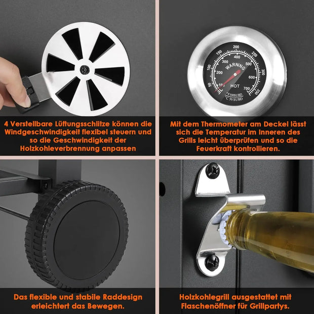 Charcoal BBQ Grill - Charcoal Barbeque - Barbeque - Smoker Barbeque - BBQ - with Handle and Folding Table - for Outdoor Patio, Garden and Backyard Grilling, Camping - Black