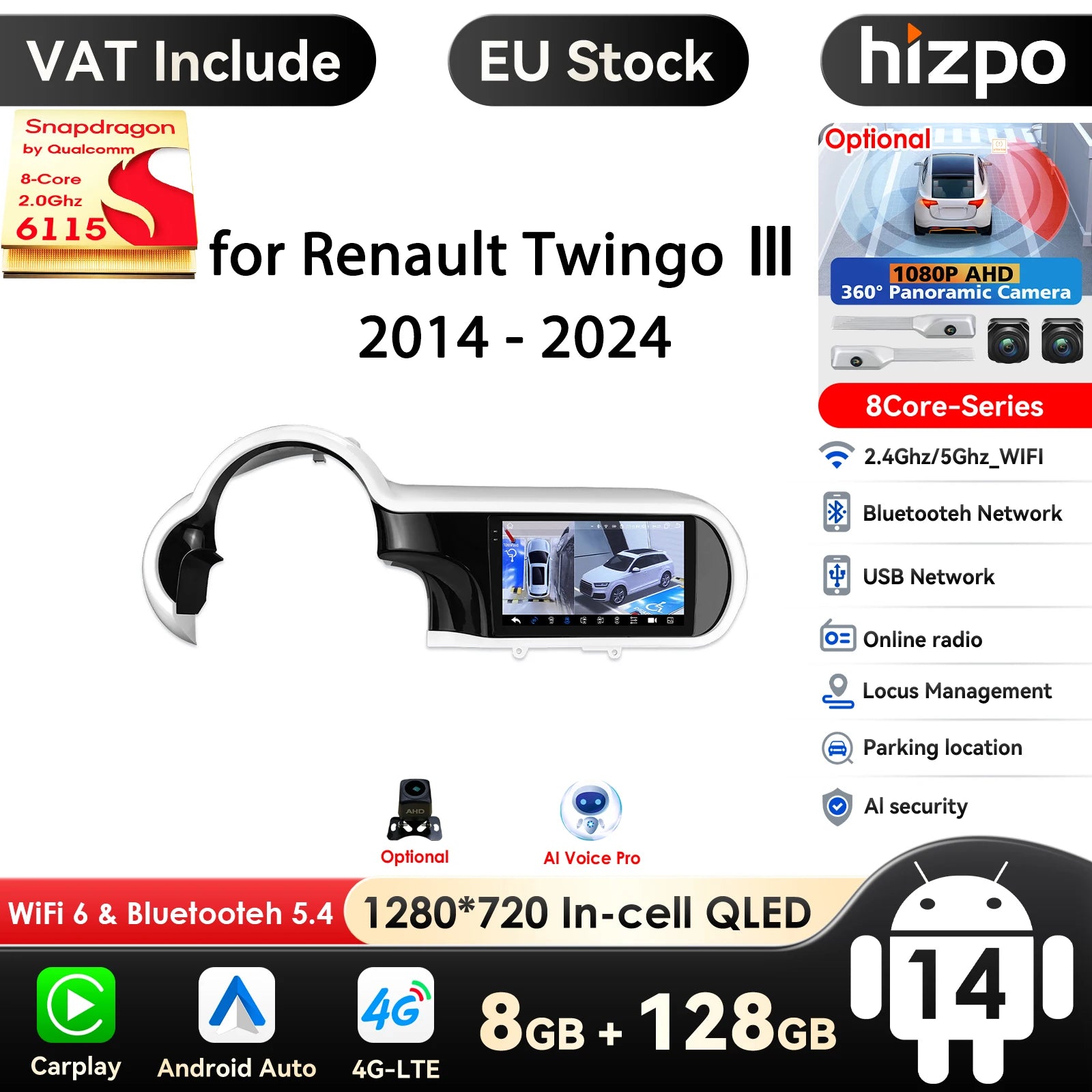 Hizpo Wireless CarPlay Android Auto Car Radio for Renault Twingo Ⅲ 2014-2024 AI Intelligent Systems Multimedia GPS 4G 360°Camera - QUORE