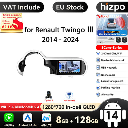 Hizpo Wireless CarPlay Android Auto Car Radio for Renault Twingo Ⅲ 2014-2024 AI Intelligent Systems Multimedia GPS 4G 360°Camera - QUORE