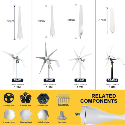 Windgenerator – Windturbine – Windmolen – Duurzame Energie – 12V Output – 8 Nylon Bladen – Aluminium Behuizing - 1000W