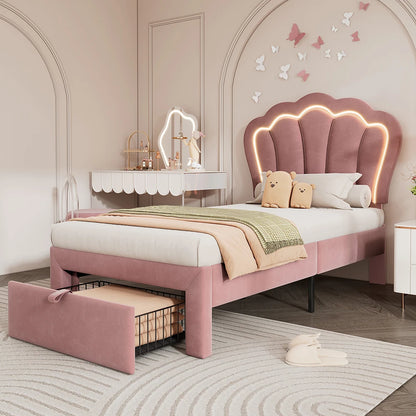 Kinderbed – Eenpersoonsbed – Bed met Opbergruimte – Kinderbed Frame – Led Bed – 90x190 cm Roze – Verstelbare Hoofdsteun – RGB LED-verlichting Bediening via App