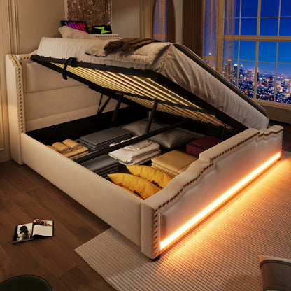 Tweepersoonsbed – Bed – Ledikant – Slaapbank – Opbergbed – Beige Velvet 140x200 cm – Hydraulische Opbergruimte – LED-Verlichting en USB-C Oplaadpoort