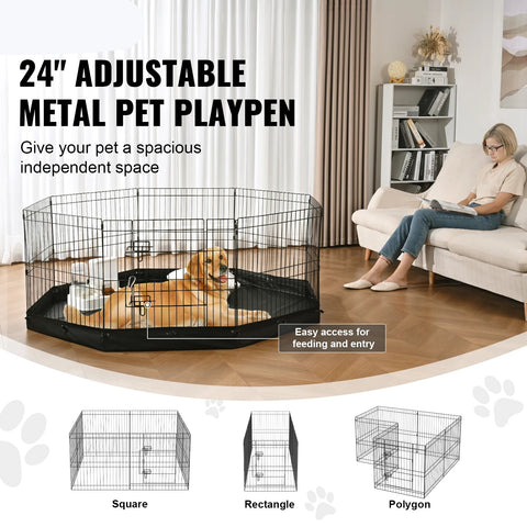 Dog Run - Dog Playpen - Puppy Run - Dog Crate - Foldable - Metal Dog Run - with Floor Cushion Cover - Puppy Outdoor Camping Yard Kennel - with Lid and Bumper Pad
