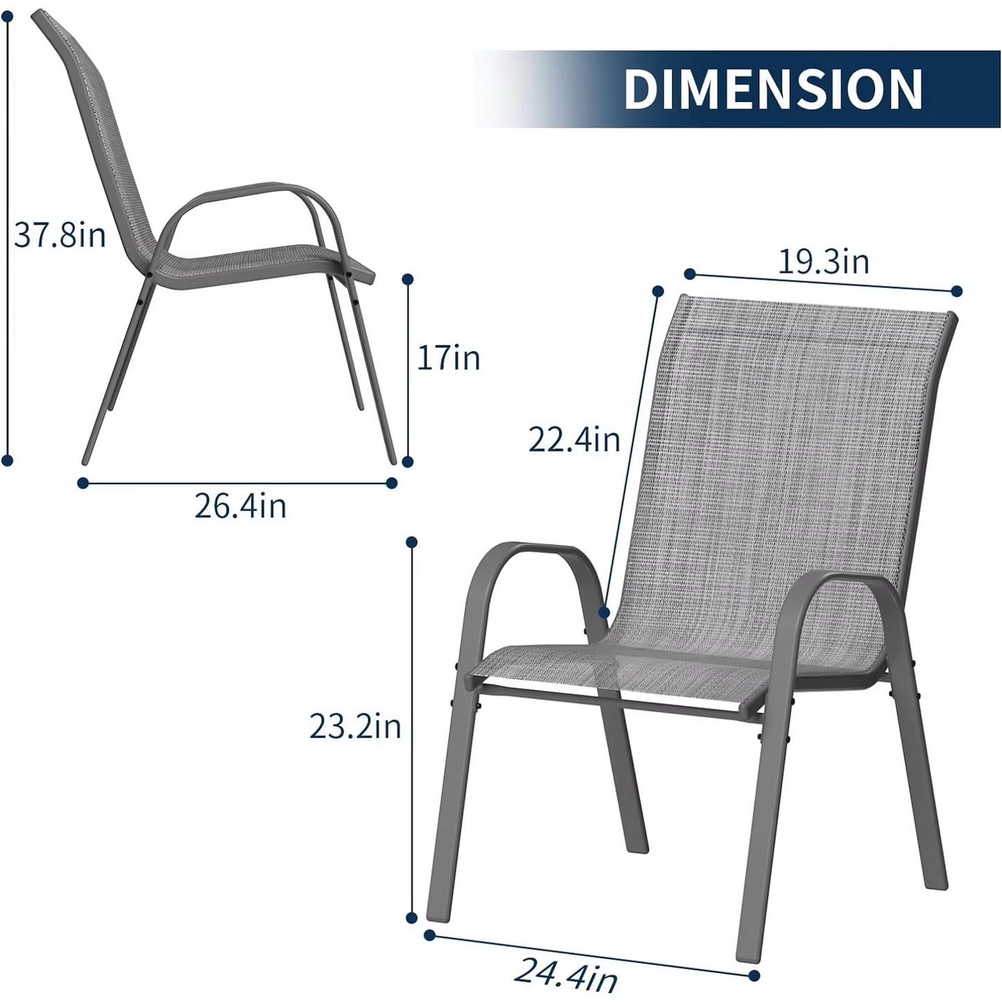 Tuinstoelen - Tuinstoel - Tuinmebeul - Set van 6 - Stoelen - Metalen - Stapelbare - Weerbestendige  - Ademend Textileen - Geschikt voor Terras - Balkon - Comfortabel - Ademend - Draagvermogen 150 kg - Grijs