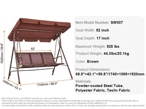 Schommelbank - Schommelbanken - Tuinschommel - Hangbank - 3 Persoons - met Verstelbaar Zonneluifel - 528 kg Draagkracht - Tuinmeubelen - Weerbestendig Staal - Outdoor - Swing Stoel - voor Balkon - Tuin of Terras - Bruin