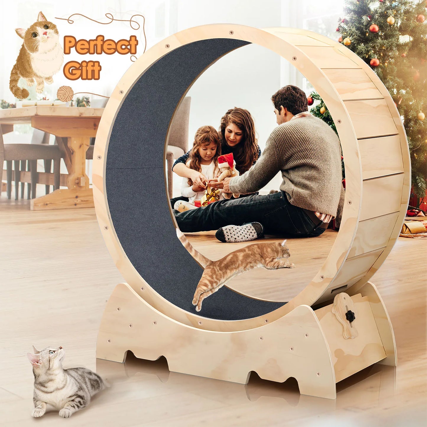 Katten Loopwiel - Looprad - Fitness - Stevig Hout - Stille Draaiende Dieren - 42,51inch - voor Grote Katten - Zware Binnen Rennwiel - met Anti-Slip Ontwerp - Geel