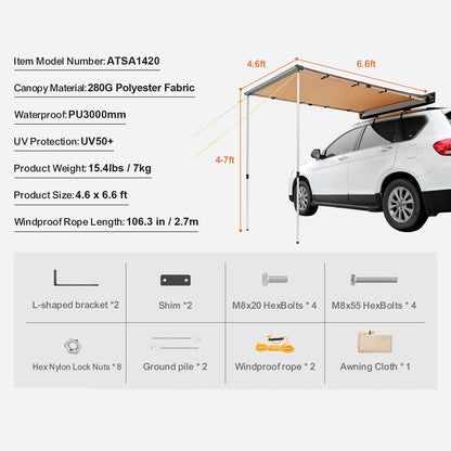 270° Luifel - Uitschuifbare - Autozijluifel - Waterdichte Dakluifel - voor SUV - Camper en Truck - 280G Polyester Stof - met PU3000mm Coating - 4.6x6.6ft - QUORE