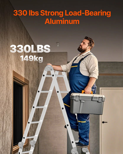 Multifunctionele Vouwladder – 7-in-1 Ladder – Vouwtrap – A-Frame Ladder – Aluminium – 150 Kg Draagvermogen – Antislipvoeten - Zilver - 5 Treden - QUORE